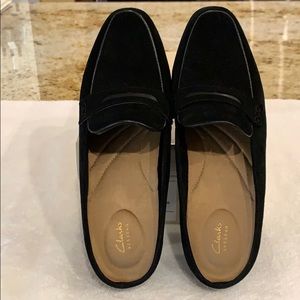 Clarks black suede mules, excellent condition